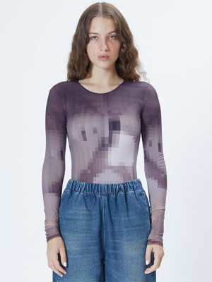 Women's Summer Casual Mosaic Print Round Neck Long Sleeve Slim Fit Bodysuit