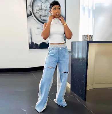 Women's Fashion Casual Ripped High Waist Denim Two Tone Patchwork Wide Leg Trousers