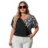 Summer Casual Top Contrast Color Leopard Patchwork Loose Short Sleeve V-Neck Shirt