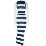 Fashion Stripe Digital Printing Sleeveless Vest Sexy Slit Bodycon Dress