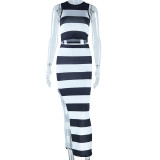 Fashion Stripe Digital Printing Sleeveless Vest Sexy Slit Bodycon Dress