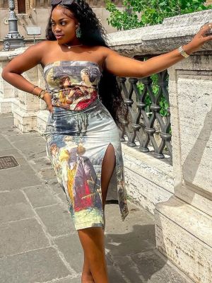 Fashion Character Print Sexy Low Back Slit Bodycon Two-Piece Skirt Set for Women