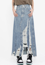 Vintage Denim Skirt Women's Fall Raw Edge Ripped Long Skirt