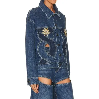 Hollow Denim Coat Autumn Heart Print Pattern Bright Diamond Casual Jacket Top