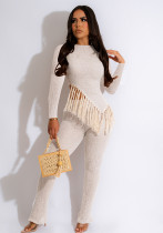 Women's Fall Irregular Hem Tassel Long Sleeve Trousers Two-Piece Set