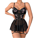 Sexy lingerie sexy women's mesh embroidery hollow See-Through suspender nightdress