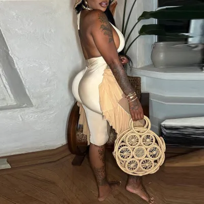 Women Solid Color Halter Neck Lace-Up Mesh Patchwork See-Through Lace One-Piece Swimwear Jumpsuit
