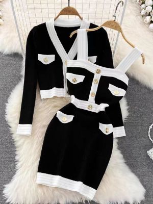 Women V-neck color contrast knitting coat suspenders Bodycon Dress two-piece set