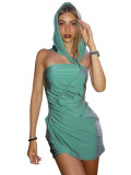 Women Summer Solid Color Casual Sleeveless Hooded Pleated Mini Dress