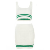 Women Summer Color Block Knitting Top and Bodycon Skirt Two-Piece Set