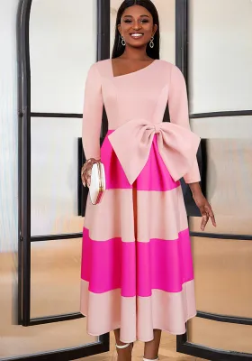 Women Summer Bow Color Block Dress