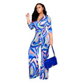 Women V-Neck Long Sleeve Printed Casual Jumpsuit