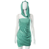Women Summer Solid Color Casual Sleeveless Hooded Pleated Mini Dress