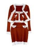 Women V-neck color contrast knitting coat suspenders Bodycon Dress two-piece set