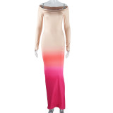Women Off Shoulder Ombre Print Long Sleeve Maxi Dress