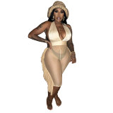 Women Solid Color Halter Neck Lace-Up Mesh Patchwork See-Through Lace One-Piece Swimwear Jumpsuit