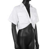 WomenSexy Knot Solid Polo Collar Crop Shirt