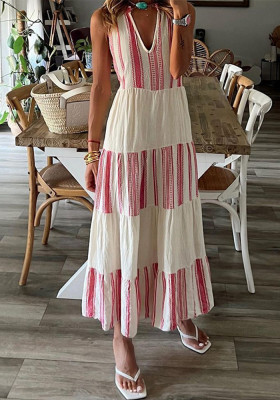 Women Summer Striped Print V-Neck Sleeveless Maxi Dress