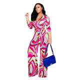 Women V-Neck Long Sleeve Printed Casual Jumpsuit