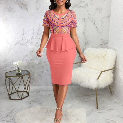 Women Sexy Print Short Sleeve Round Neck Dress