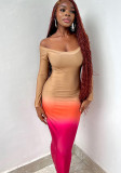 Women Off Shoulder Ombre Print Long Sleeve Maxi Dress