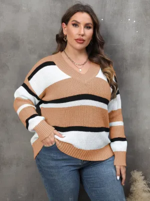 Ladies Pullover Sweater Plus Size Women's Fall Winter V-Neck Contrast Color Patchwork Fashion Sweater