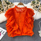 Summer High Sense French Ruffle Patchwork Crochet Hollow Stand Collar Lace Shirt