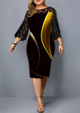 Spring Digital Printing Lace Patchwork Cropped Sleeve Dress Plus Size Ladies