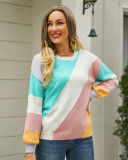 Autumn Winter Sweater Striped Patchwork Fashion Round Neck Sweater Women