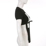 Abstract Printing Round Neck Short Sleeve Irregular Slit Pullover Fashion Style Street T-Shirt Women