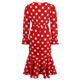 Sexy Polka Dot V-Neck Long Sleeve Dress Pleated Mermaid Dress Slim Chic Mid Length Dress Plus Size