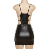 Summer pu Leather Sexy Sleeveless Hollow Low Cut Low Back High Waist Bodycon Slim Dress