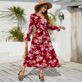 Autumn/Winter V-neck Slim Waist Lace-Up Long Sleeve Floral Dress Long Dress Plus Size Ladies