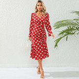 Sexy Polka Dot V-Neck Long Sleeve Dress Pleated Mermaid Dress Slim Chic Mid Length Dress Plus Size