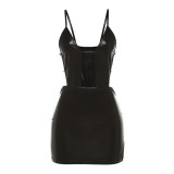 Summer pu Leather Sexy Sleeveless Hollow Low Cut Low Back High Waist Bodycon Slim Dress