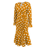 Sexy Polka Dot V-Neck Long Sleeve Dress Pleated Mermaid Dress Slim Chic Mid Length Dress Plus Size