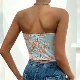 Sexy Low Cut Low Back Flower Wrapped Chest Rhombus Fishbone Tunic Vest