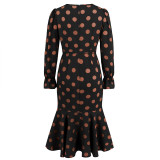 Sexy Polka Dot V-Neck Long Sleeve Dress Pleated Mermaid Dress Slim Chic Mid Length Dress Plus Size