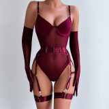 Sexy Lingerie Lace-Up Patchwork Slim Fit with Gloves Three-Piece