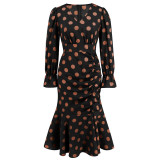 Sexy Polka Dot V-Neck Long Sleeve Dress Pleated Mermaid Dress Slim Chic Mid Length Dress Plus Size