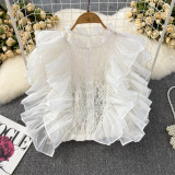 Summer High Sense French Ruffle Patchwork Crochet Hollow Stand Collar Lace Shirt