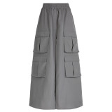 Solid color woven high waist elastic Patchwork multi-pocket slit loose Plus Size Cargo a-line skirt