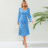 Sexy Polka Dot V-Neck Long Sleeve Dress Pleated Mermaid Dress Slim Chic Mid Length Dress Plus Size