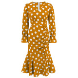 Sexy Polka Dot V-Neck Long Sleeve Dress Pleated Mermaid Dress Slim Chic Mid Length Dress Plus Size