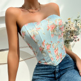 Sexy Low Cut Low Back Flower Wrapped Chest Rhombus Fishbone Tunic Vest