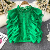 Summer High Sense French Ruffle Patchwork Crochet Hollow Stand Collar Lace Shirt