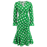 Sexy Polka Dot V-Neck Long Sleeve Dress Pleated Mermaid Dress Slim Chic Mid Length Dress Plus Size