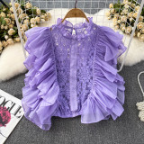 Summer High Sense French Ruffle Patchwork Crochet Hollow Stand Collar Lace Shirt