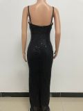 Women's Summer Slit Low Back Dress Sequined Sleeveless Suspender Dress