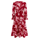 Autumn/Winter V-neck Slim Waist Lace-Up Long Sleeve Floral Dress Long Dress Plus Size Ladies